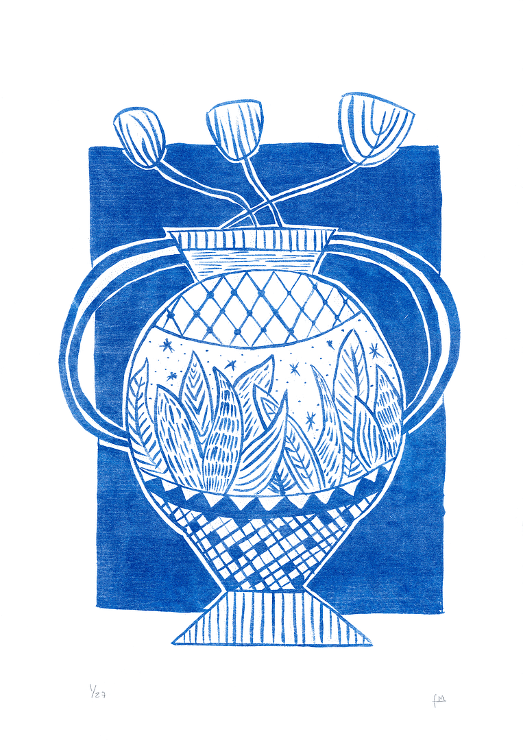 Blue tulips in a pot Matisse inspired illustration, beautiful poster made by Fernanda Maria, a local artist originally from Chile and based in Barcelona