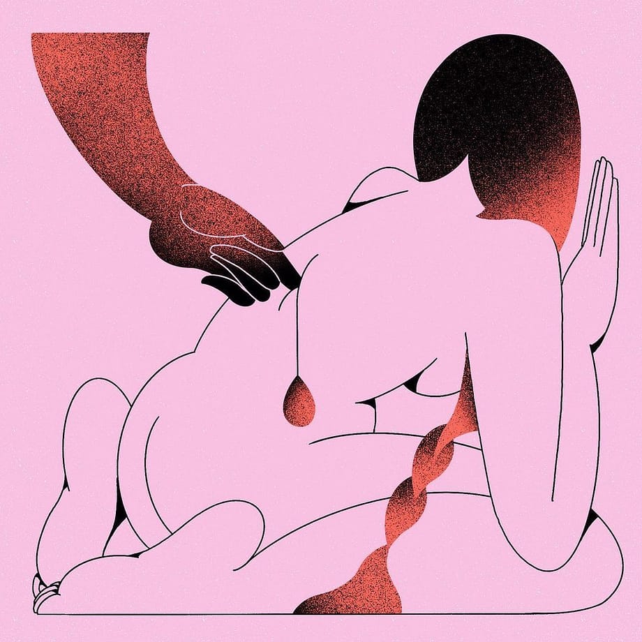 Digital illustration by Mexican artist Jimena Duval, hurted praying