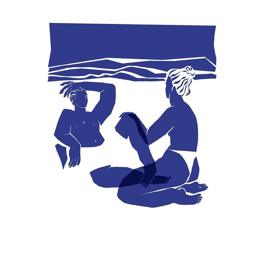 Illustration de Garoine digital illustration blue cobalt, girls on the beach